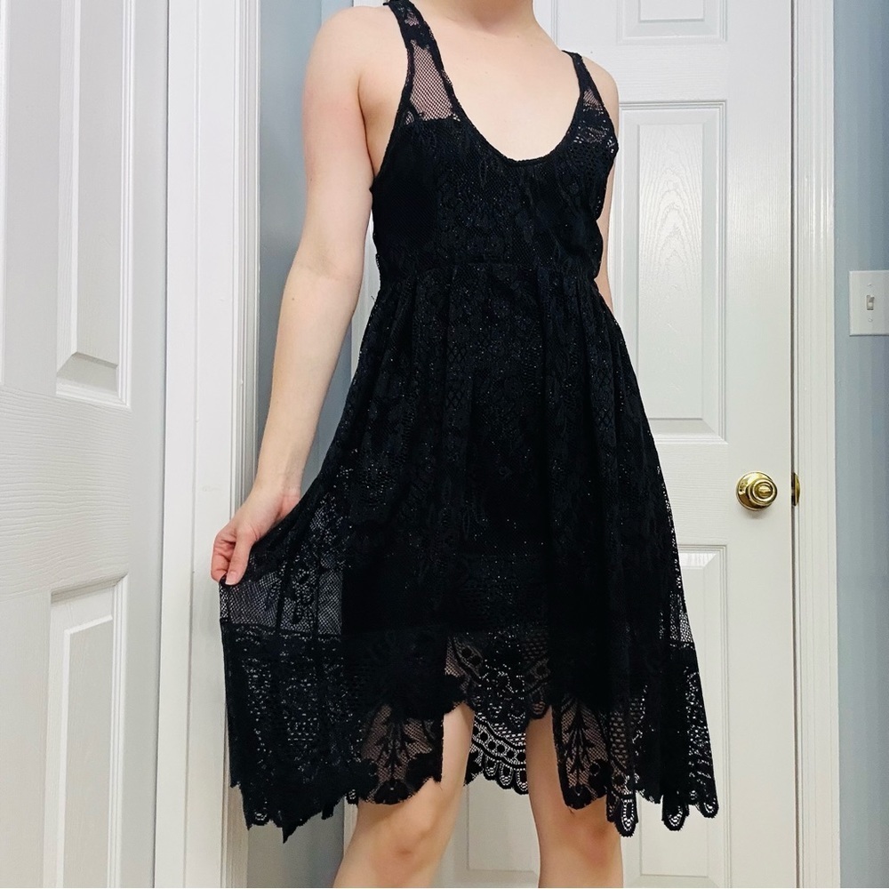 Rare Free People Dress Whimsigoth Fairy Black lace handkerchief punk 8 Medium